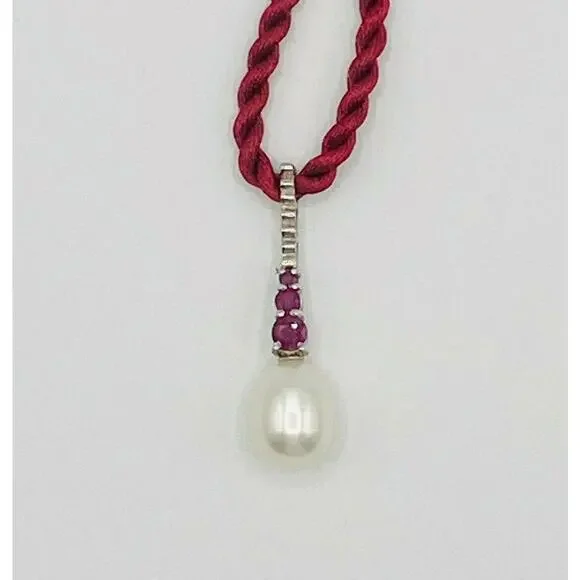 Sterling Silver Burma Ruby & Pearl Pendant Necklace - Picture 2 of 9